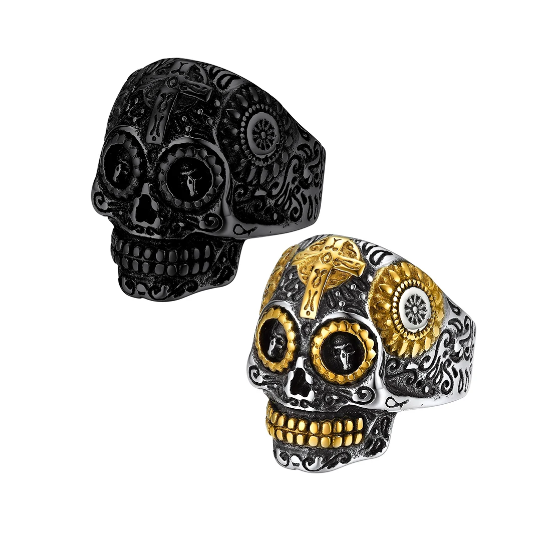 

ChainsPro Big Sugar Skull Head Ring for Man Gold Color Stainless Steel Black Mexican 3D Cross Harley Day Punk Gothic Jewelry