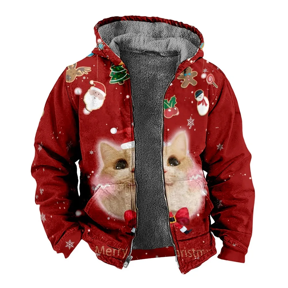 2023 New Christmas Cotton Coat Hooded Sweater Casual Print Long Sleeve Zipper Sweater Thick Cotton Coat Winter