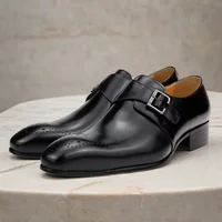 Mens Formal Male Shoe Side Buckle Leather Shoes Pointed Toe Bullock Carving classic style Classic gentleman Formal wear Pointed 1
