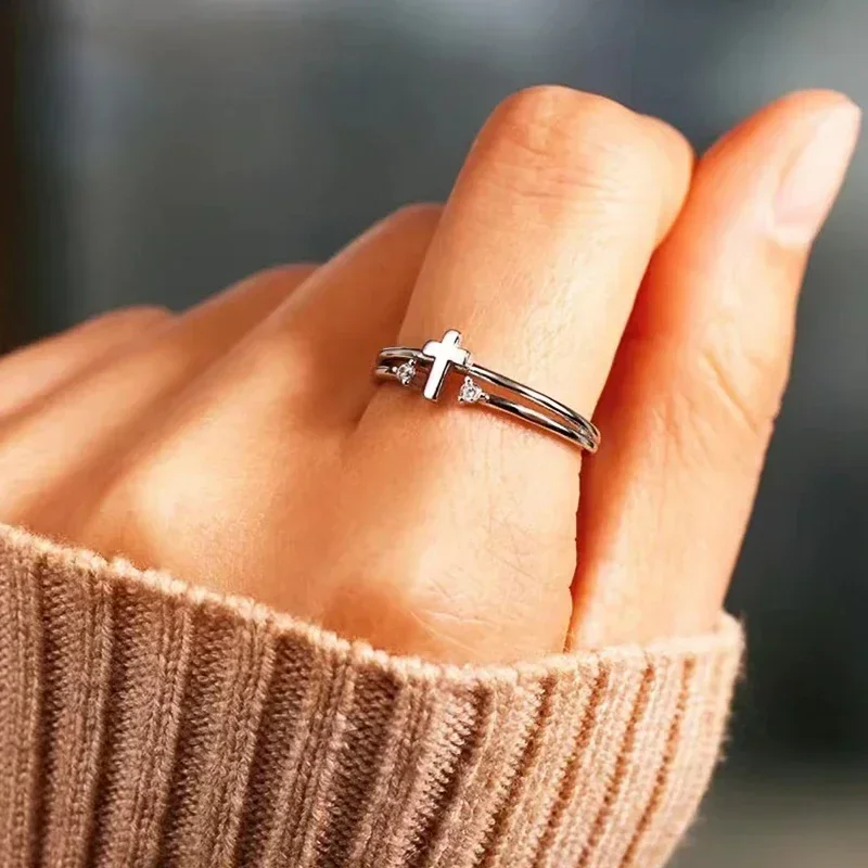 Silver Color Cross Ring Female Fashion Finger Jewelry Bright Cubic Zirconia Accessories for Daily Wear silver ring wedding rings finger rings womens ring jewelry rings ring jewelry signet ring cross rings round rings cross jewelry