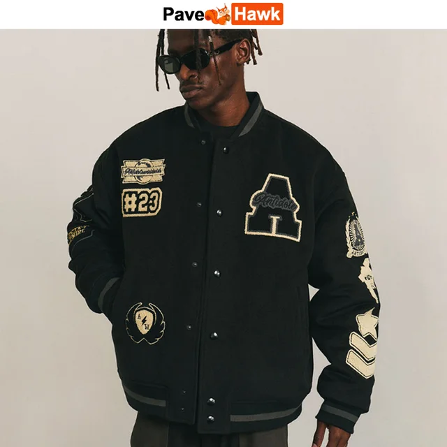 Mens Baseball Jacket Flocked Embroidery Stand Vintage Bomber Jackets High Street Loose Coat Couple Streetwear Spring Autumn New