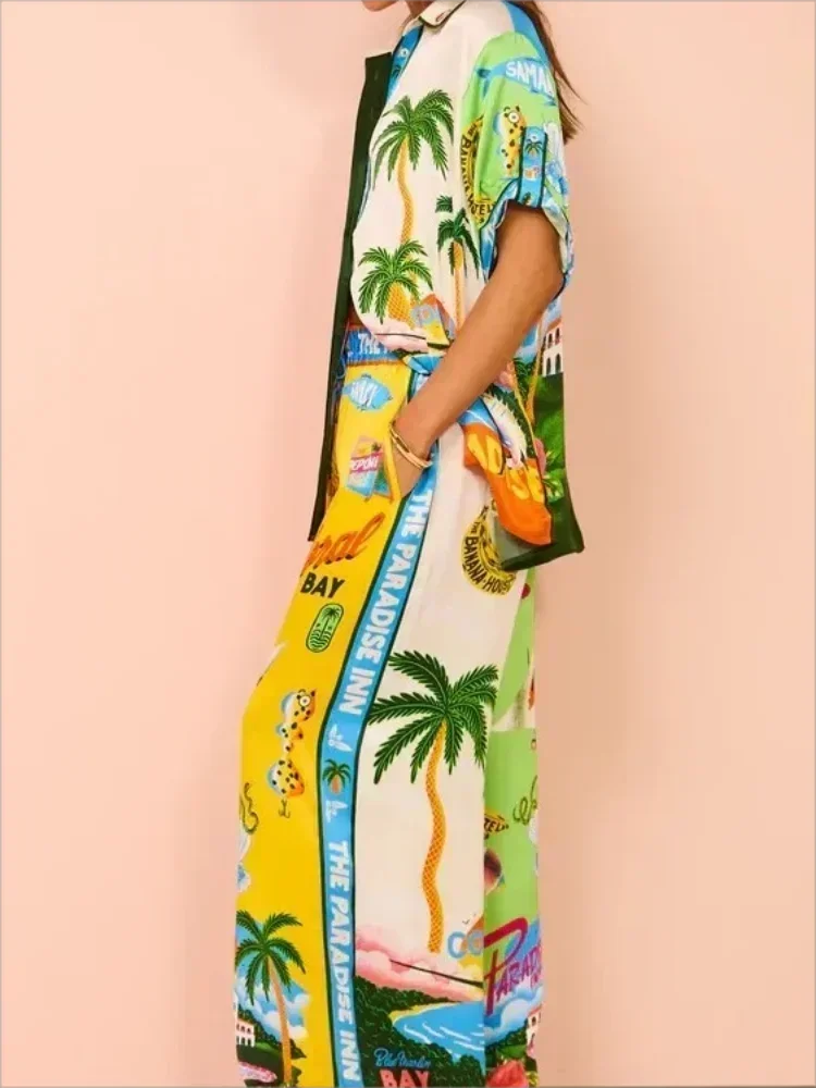 2024 Spring New Women Festival Printed Short-sleeved Shirt Blouse Loose Trousers 2-piece Women's Casual Beachwear Suit