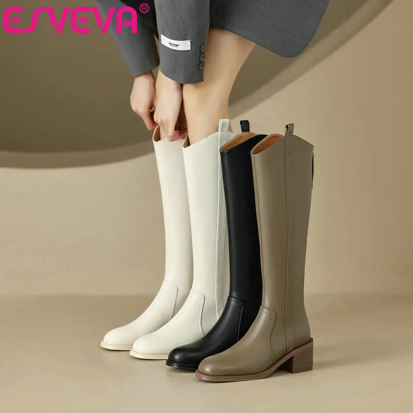 

ESVEVA 2024 Knee High Boots Motorcycle Winter Genuine Leather Round Toe Med Heel Zipper Shoes Woman Round Toe Size 34-40