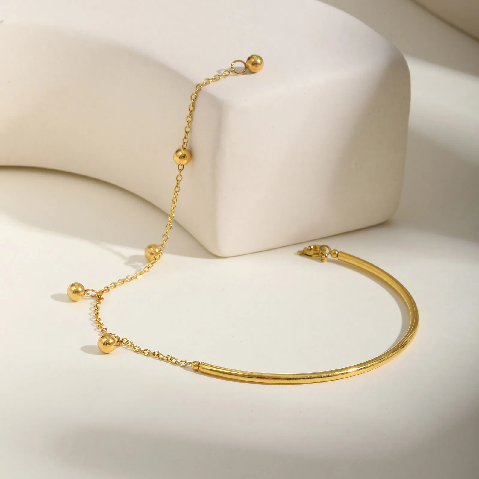 Prjewel Minimalistisches Ball-Halbkreis-Armband für Damen, flache Kreuzkette, Edelstahl-Armbänder, wasserdichter Schmuck, Geschenk, Neu – Detail 5