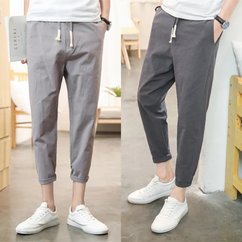 Pantaloni Da Uomo Nono Estate Stile Coreano Pantaloni Casual Larghi Alla Moda Pantaloni Harem In Lino Di Cotone Skinny Pantaloni Da Uomo 2 Pezzi