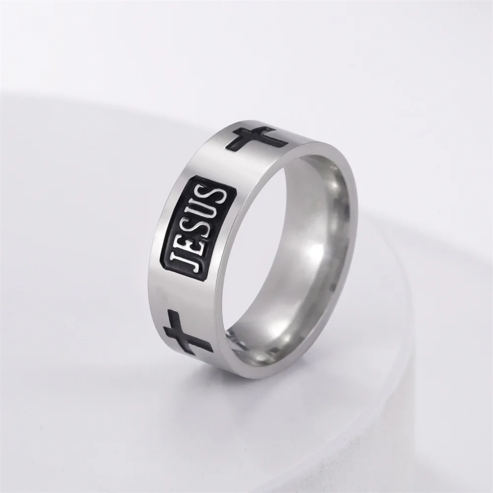 EUEAVAN Stainless Steel Jesus Cross Men Ring Black 8MM Wide Punk Hip-hop  Finger Rings Religious Christian Prayer Amulet Jewelry 2