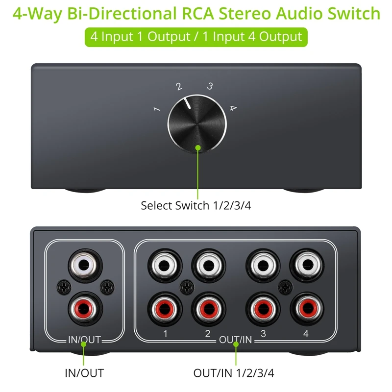 4 Way Bi-Directional RCA Stereo Audio Switch 1 In 4 Out Or In 1 Out L/R Jack Sound Channel RCA Audio Switcher Selector rca audio switch