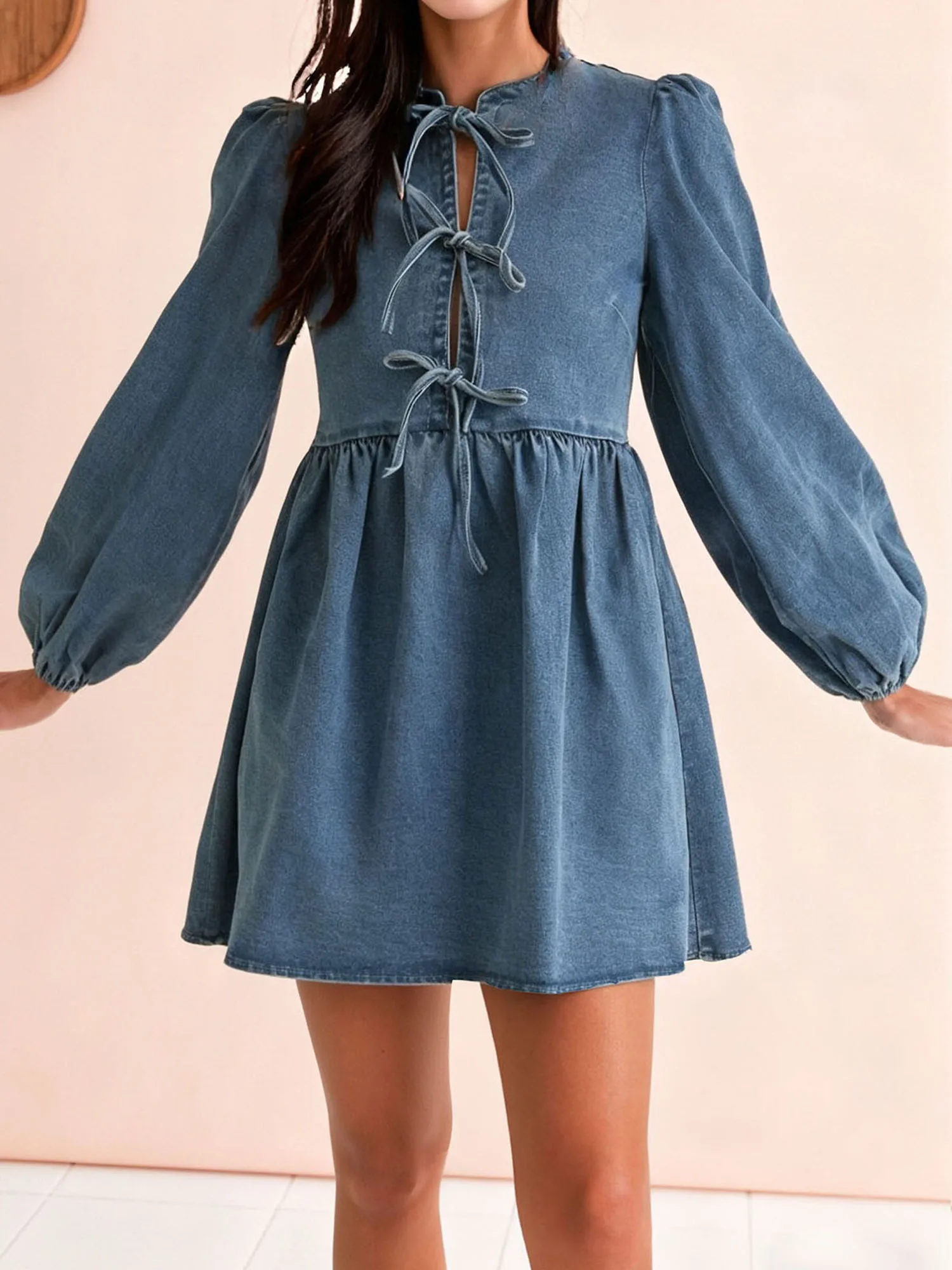 Women s Long Sleeve Denim Dress with Tie Bow Front Crew Neck and A-Line Silhouette Stylish Solid Color Loose Fit Mini Dress