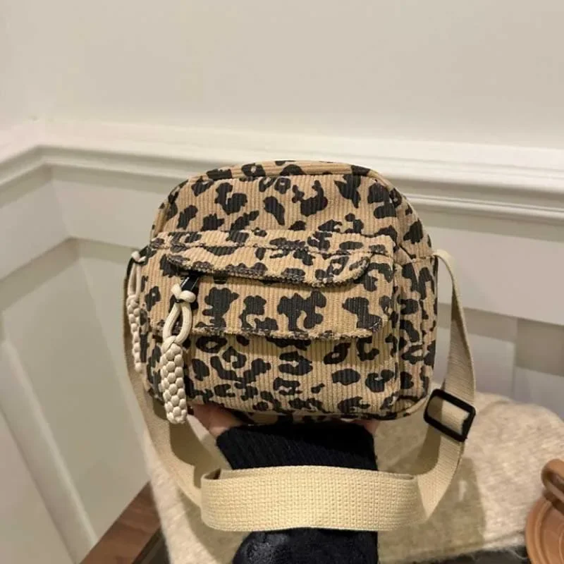 New Leopard Pattern Crossbody Bags Corduroy Multi-pockets Shoulder Bag Adjustable Shoulder Strap Casual Waist Bags Daily Use
