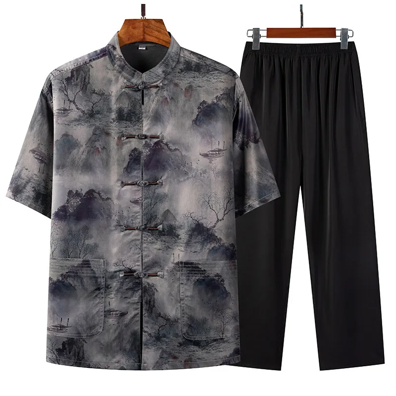 Casual Chinese style Shirts + Pants Men's Fashion Two-piece set man short sleeve Cotton Solid Sportswear Male2025 summer spring