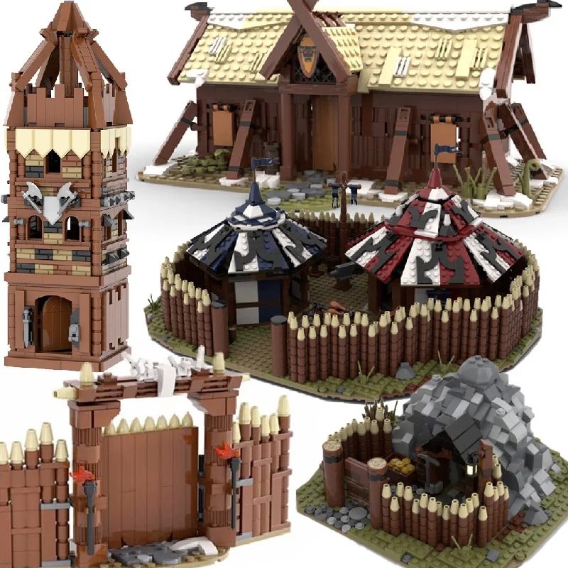 

MOC Medieval Wild Tribe Viking Longhouse Model Building Blocks Guard Tower Warrior Wooden House Wall Cave Tent Bricks Toys Gift