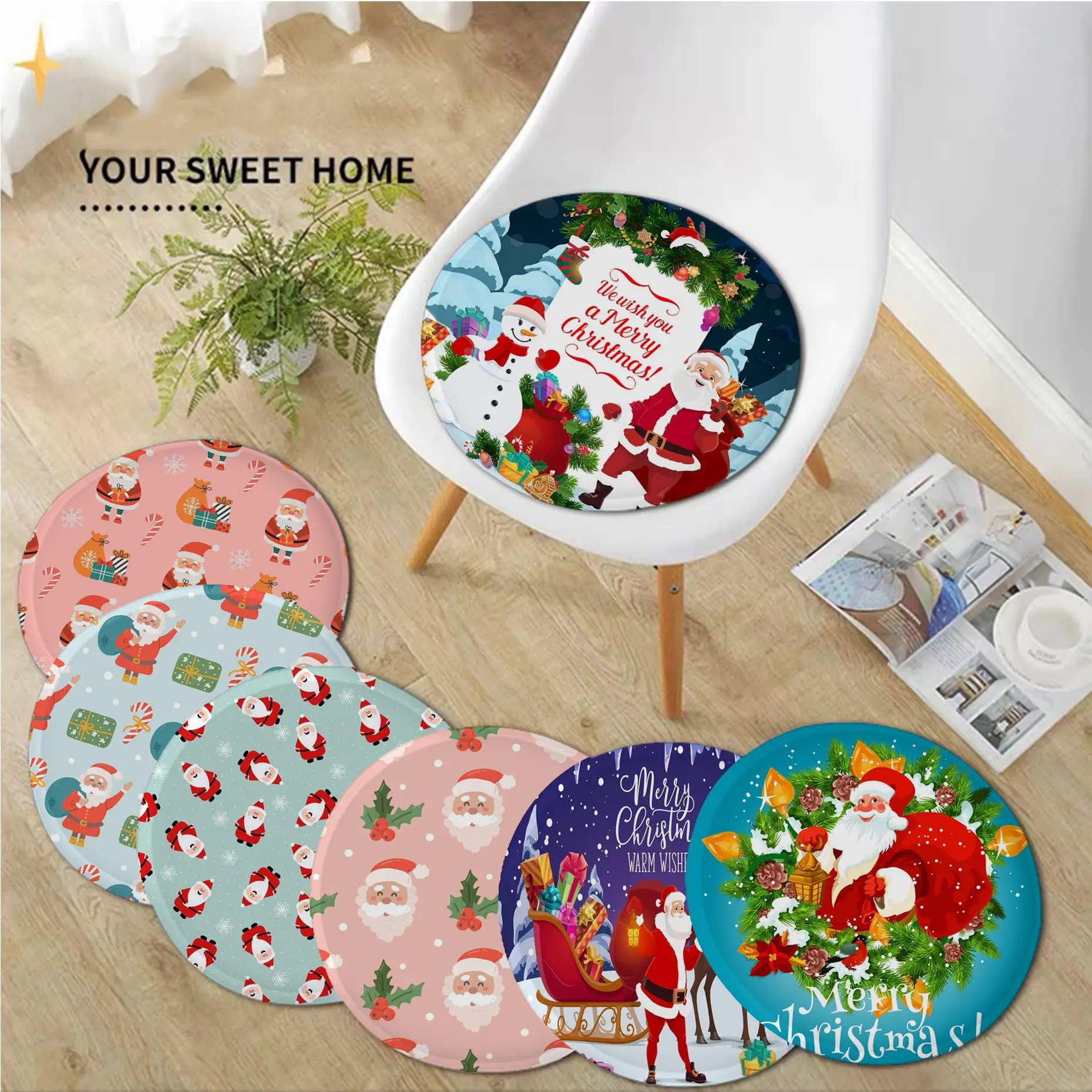 

Cartoon Christmas Cushion Mat Round Seat Cushion Office Dining Stool Pad Sponge Sofa Mat Non-Slip Chair Cushions