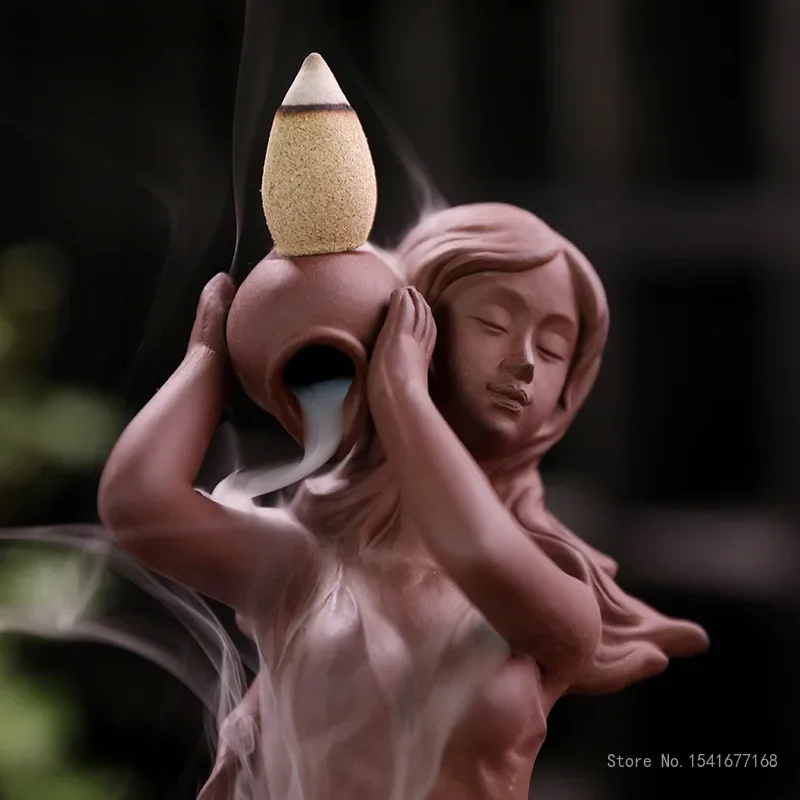 Purple Sand Conch Mermaid Statues Backflow Incense Burner, Home Interior Living Room Study Office Decoration, Creative Gift, 1Pc