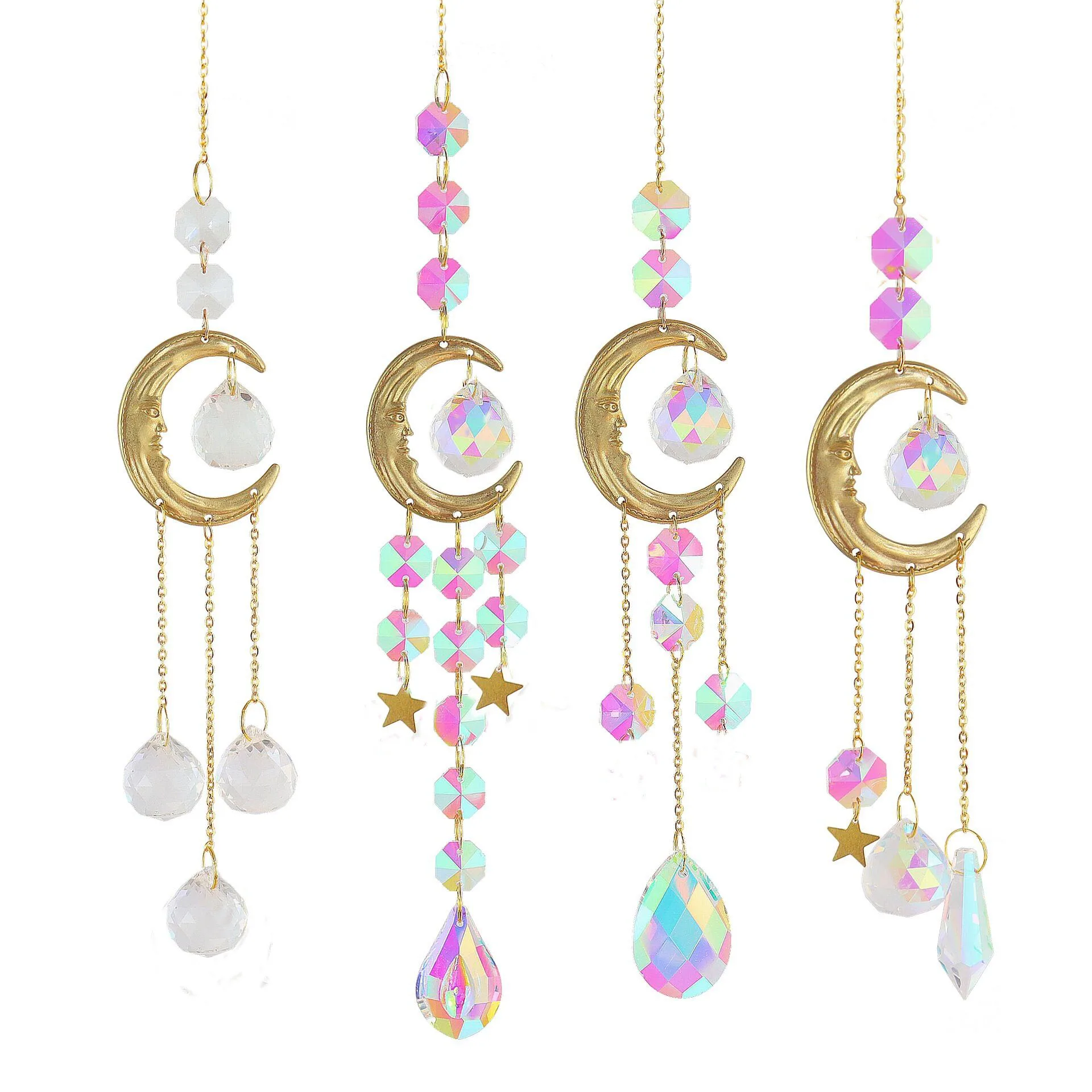 1PC Gold Moon Suncatcher Crystal Wind Chime Hanging Pendant  Rainbow Sun Catcher Window Car Hanging Garden Decor