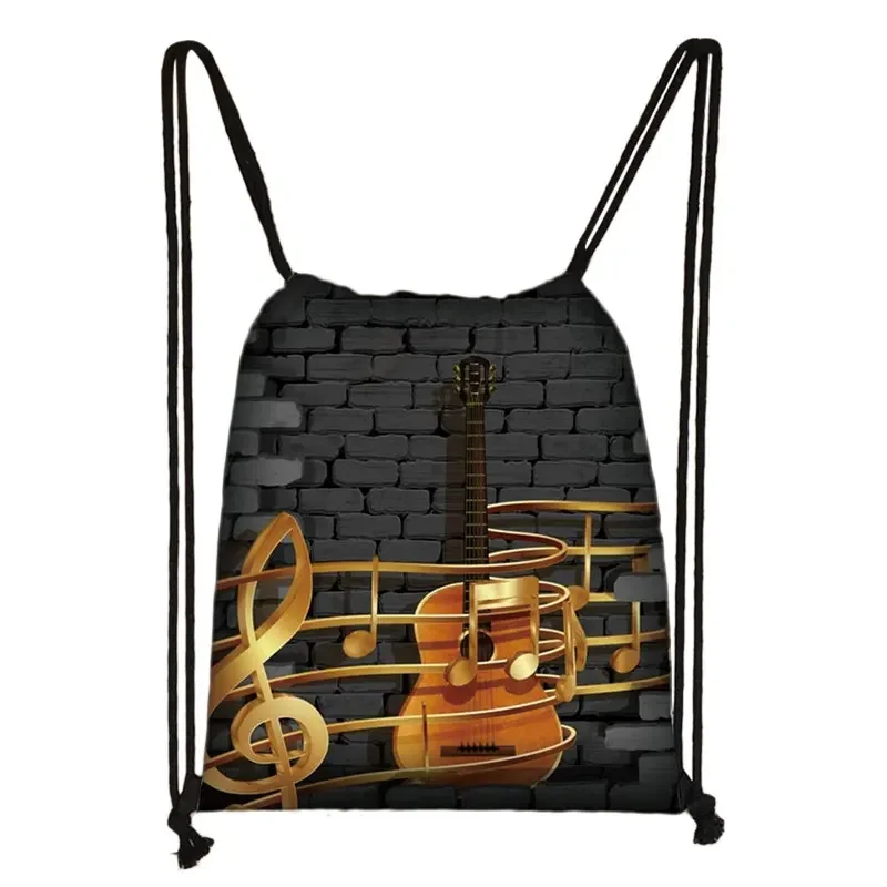 Musical Instrument Print Drawstring Bag Music Notes Backpack Guitar Violin Outdoor Storage Bag Shoes Holder Teenager School Bags 4