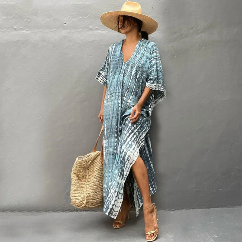 Fashion Casual Striped Print Long Dresses Women Bohemian V-neck Bat Sleeve Loose Slit Beach Dress Summer New Beachwear Vestidos 52 Fashion Casual Striped Print Long Dresses Women Bohemian V-neck Bat Sleeve Loose Slit Beach Dress Summer New Beachwear Vestidos