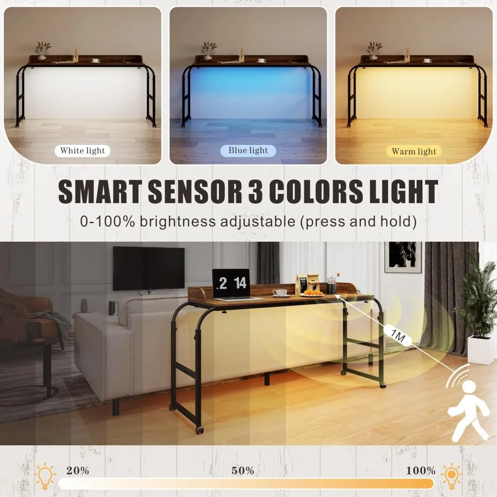 "adjustable height & length overbed desk with mobile charging station - led light, queen size"