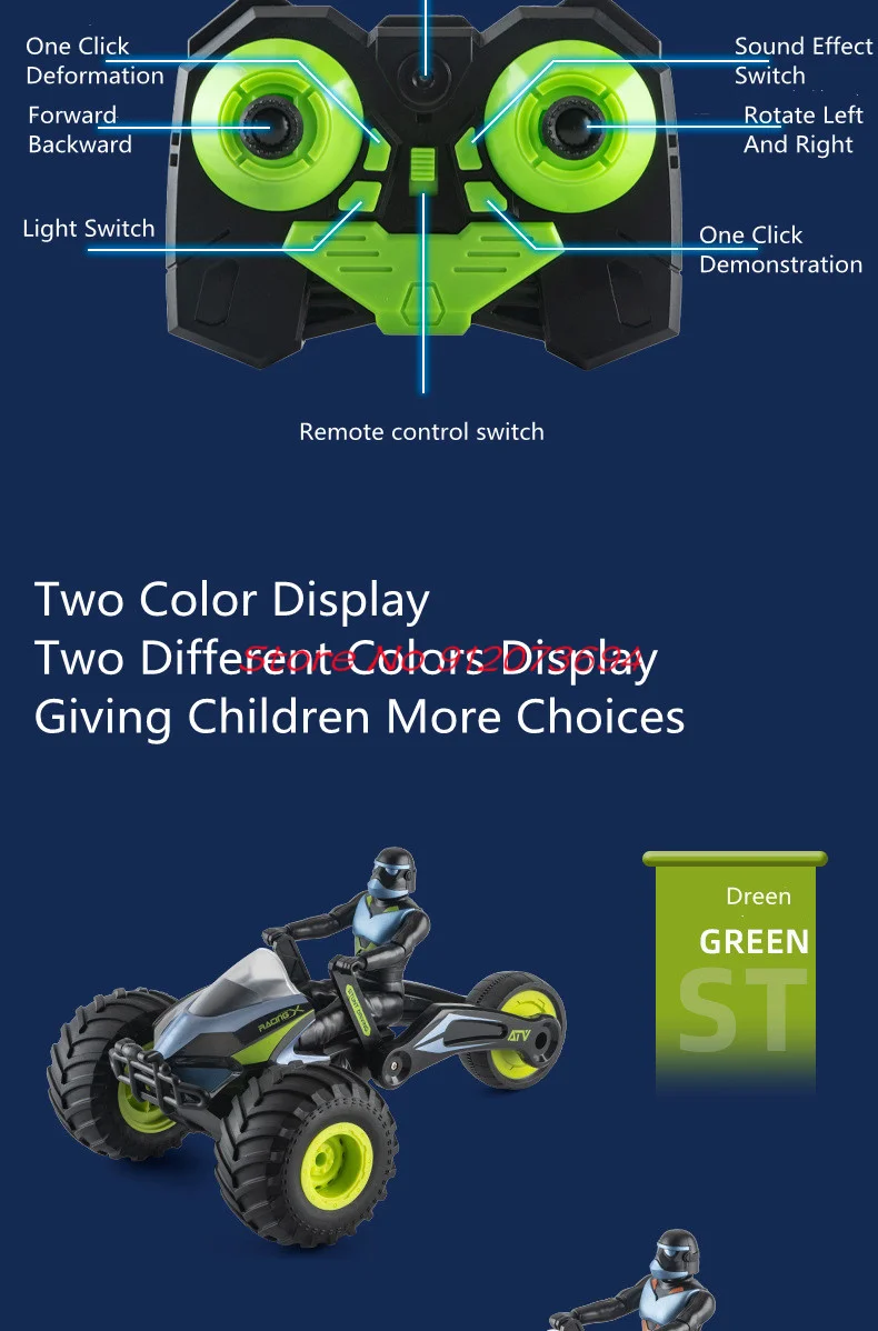 Deformación de modo dual Control remoto de alta velocidad motocicleta 30 minutos iluminación fría y efecto de sonido 360 °   Coche triciclo RC giratorio