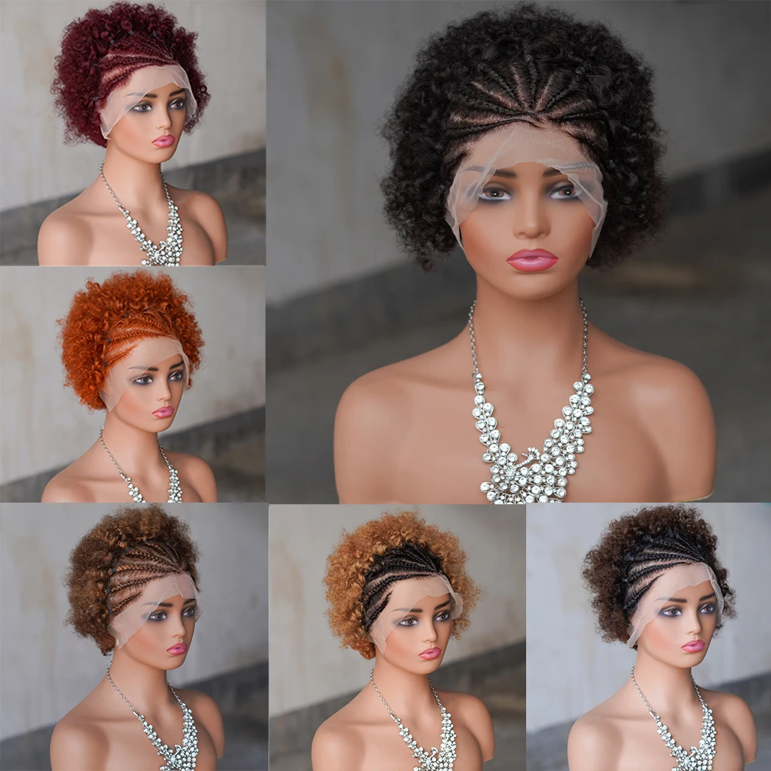 13x4 Full Lace Afro Braided Wig for Women African Wig Cornrow Braids Lace Wig with Baby Hair 8 Inch Short Kinky Curly Braid Wigs