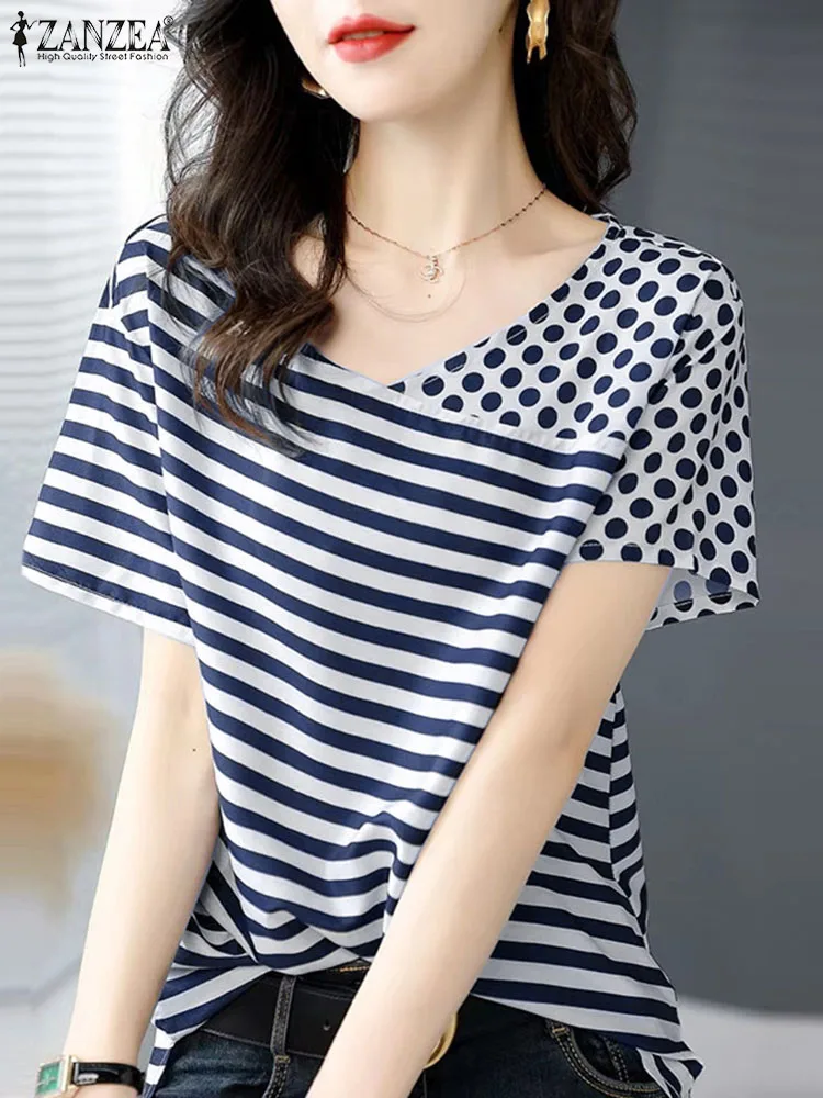 

ZANZEA Summer Women Short Sleeve Patchwork Shirt Casual Holiday Beach Blusas Female Work Tops Fashion Polka Dot Printed Blouse