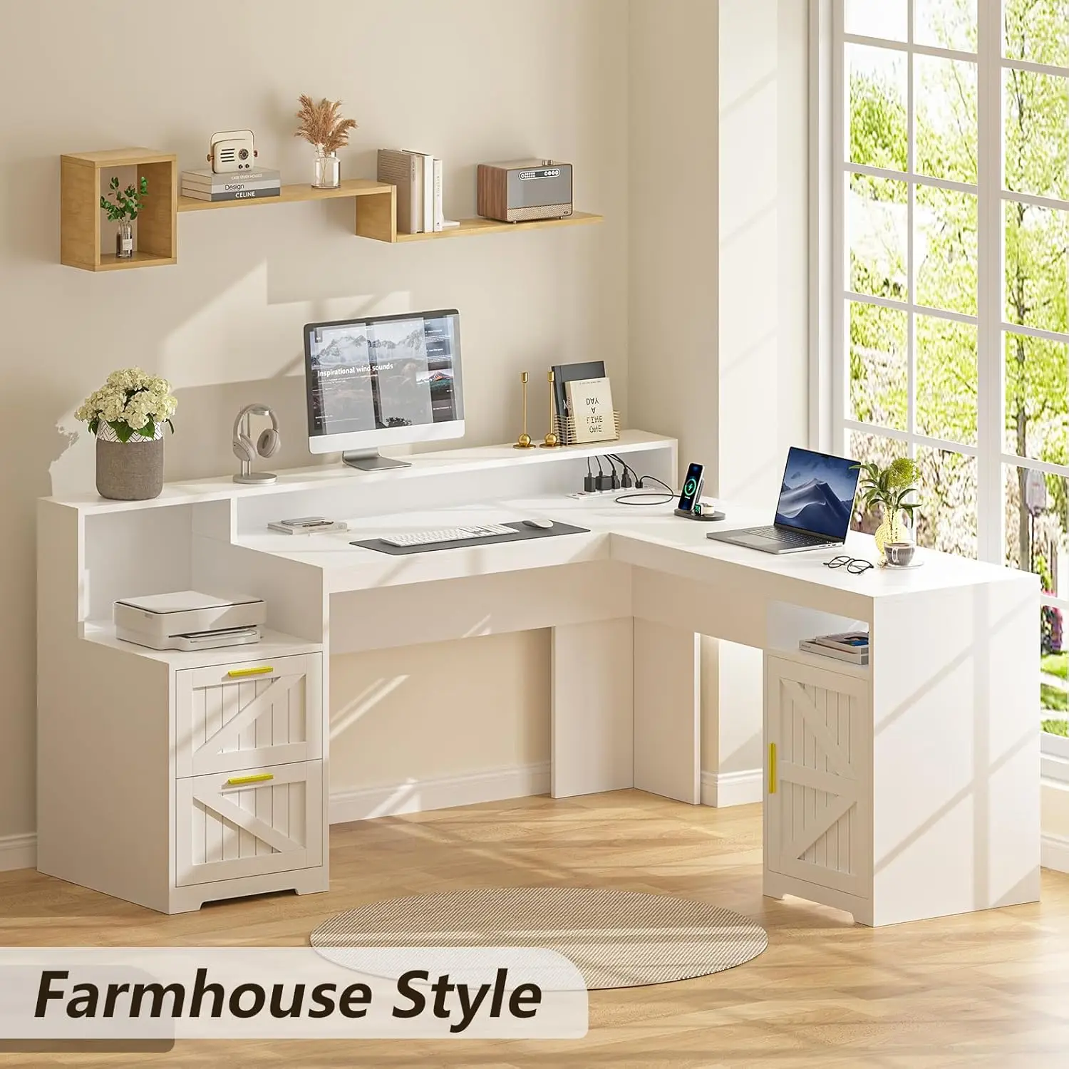 63" Farmhouse L Shaped Executive Desk with Drawers & Storage Shelf, Corner Computer Desk with Power Outlets