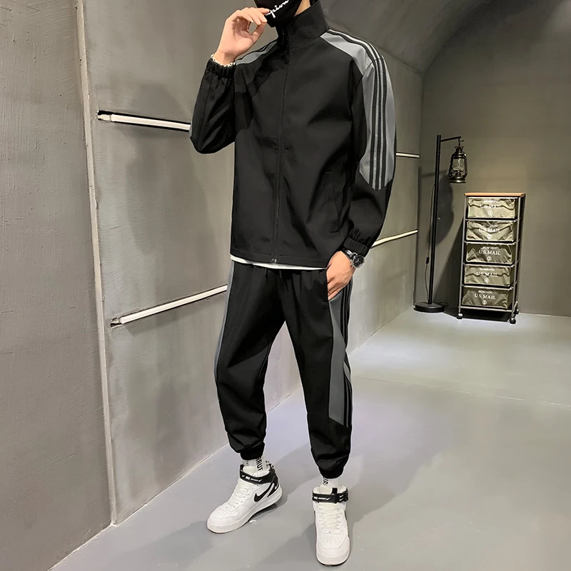 Hip-hop Suit Male Set Track Suits Sweatsuit Man Tracksuit Mens Set Pant Zipper Pockets Outwear 2PC Jacket+Pants Sets 2023 New mens zip up hoodie set dot hooded pockets cardigans drawstring sweatpants autumn winter fitness 2psc sports tracksuit sets