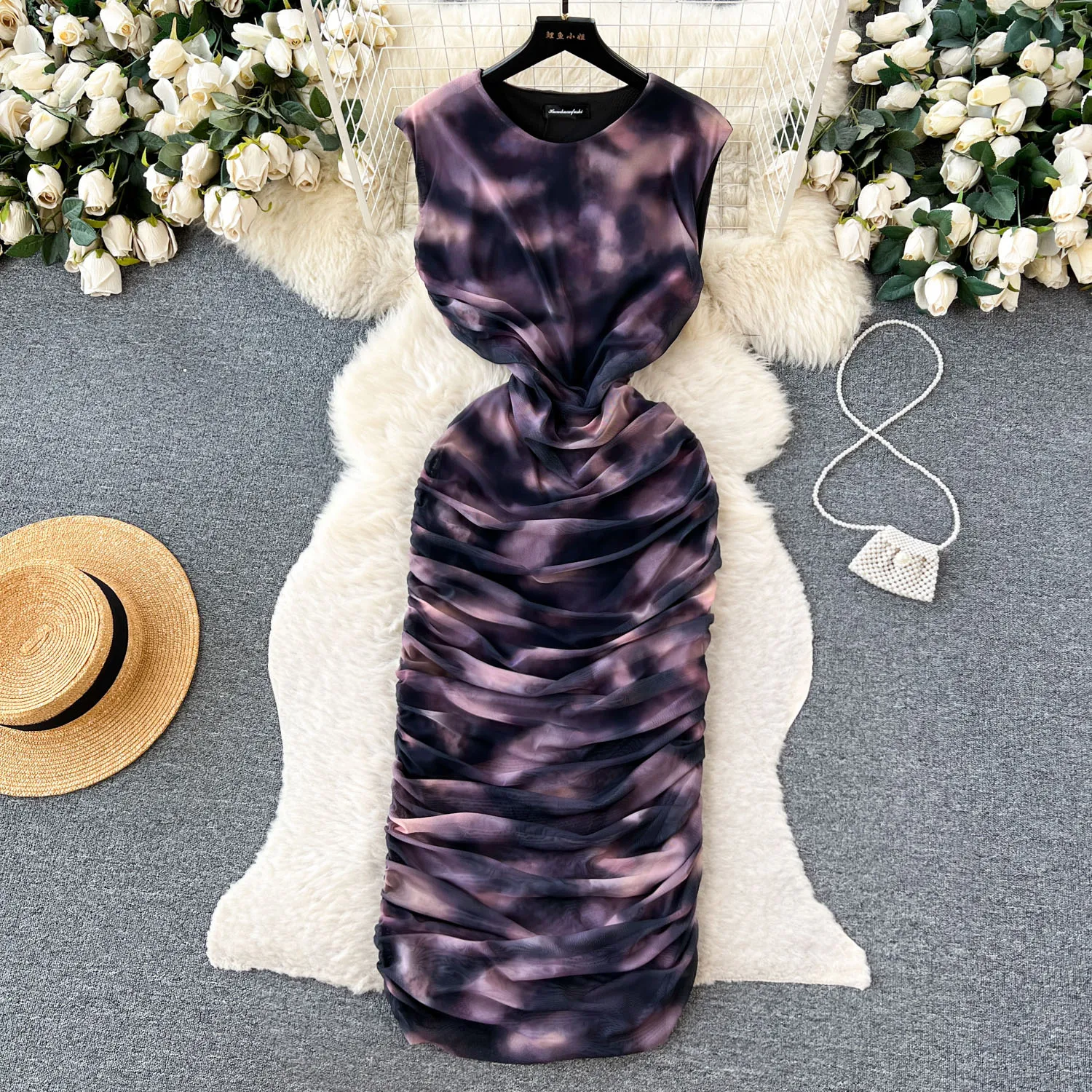 

Tie Dye Print Sleeveless Pleated Midi Bodycon Dress Women Elegant Summer Round Neck Slim Fit Club Party Mesh Dress Vestidos
