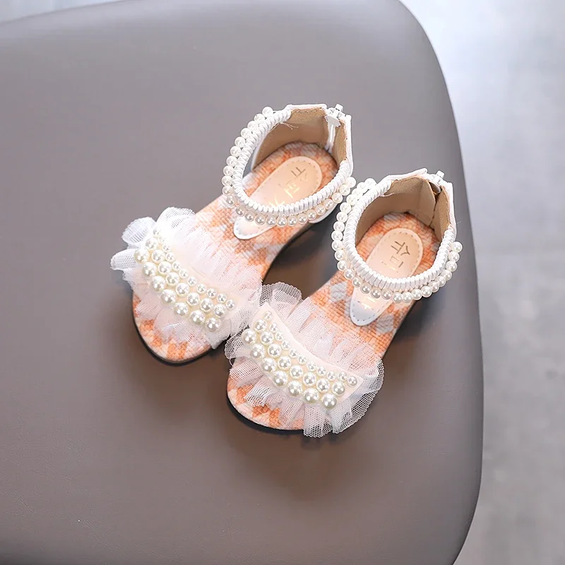 Girl's Sandals Lace Pearl Zipper Sweet Luxury Summer Children Sliders Open Toe 21-36 Toddler Fashion Soft Dance Kids Sliders