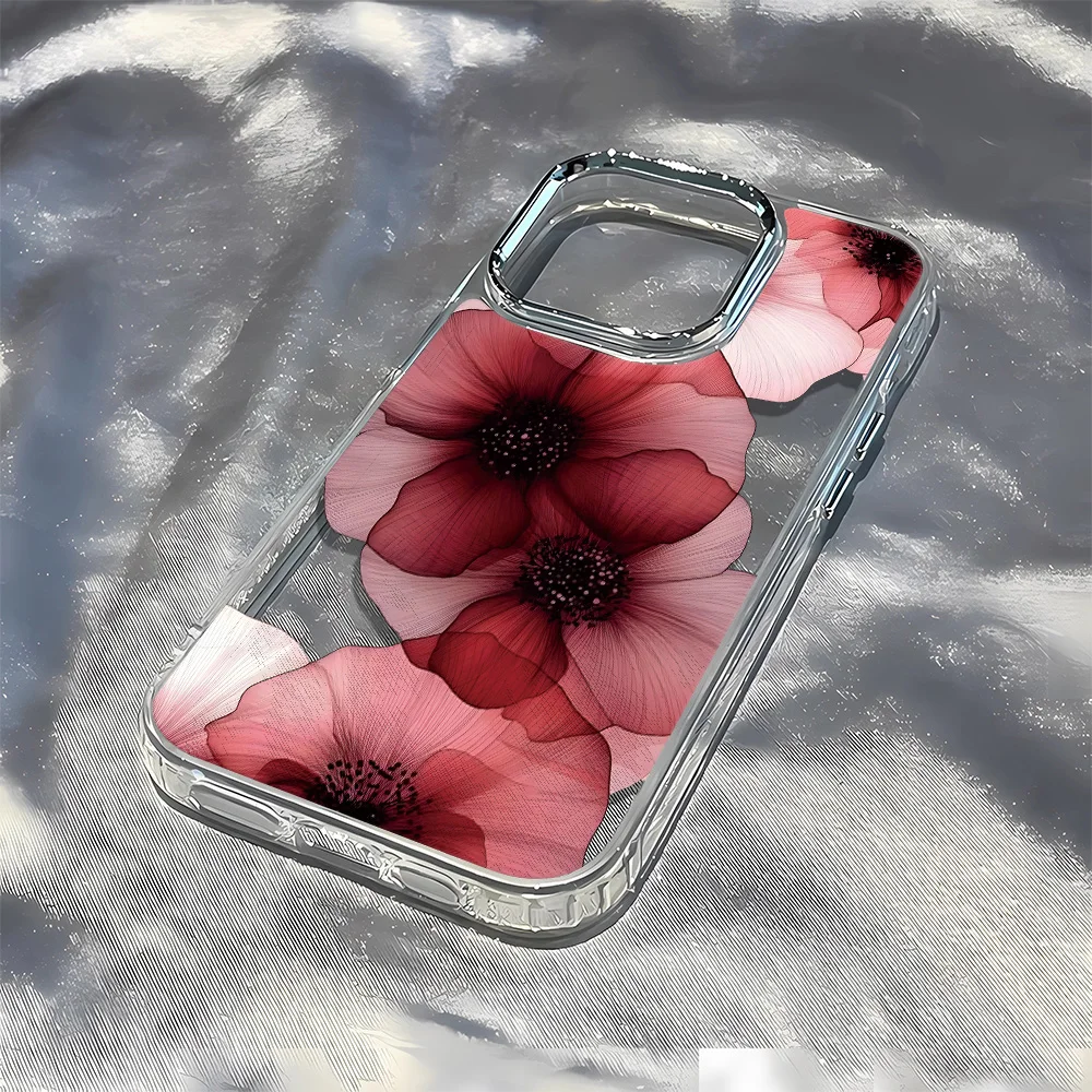 Elegant Red Floral Transparent Silicone Phone Case - Luxury Soft TPU Back Cover