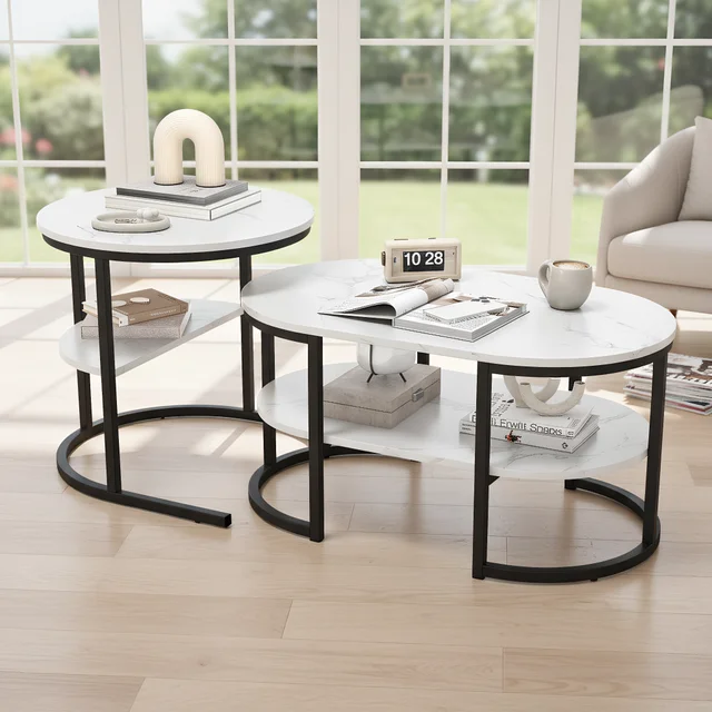 Tables d'appoint Superaly avec structure en métal pour salon, ensemble de 2 tables basses, cercles et ellipses, faciles à assembler, table à thé en MDF 1