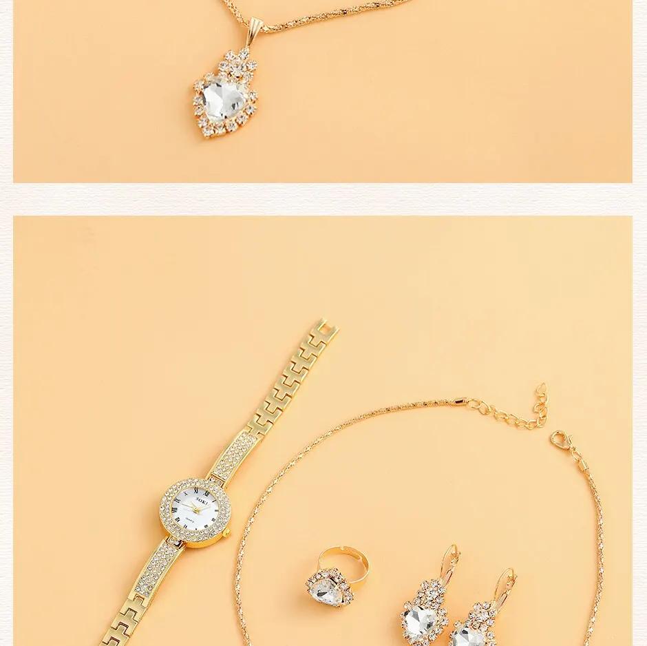 5 squisiti orologi al quarzo, set di gioielli rotondi alla moda, orologio da donna, collana di strass, orecchini, set di anelli_voghion.com