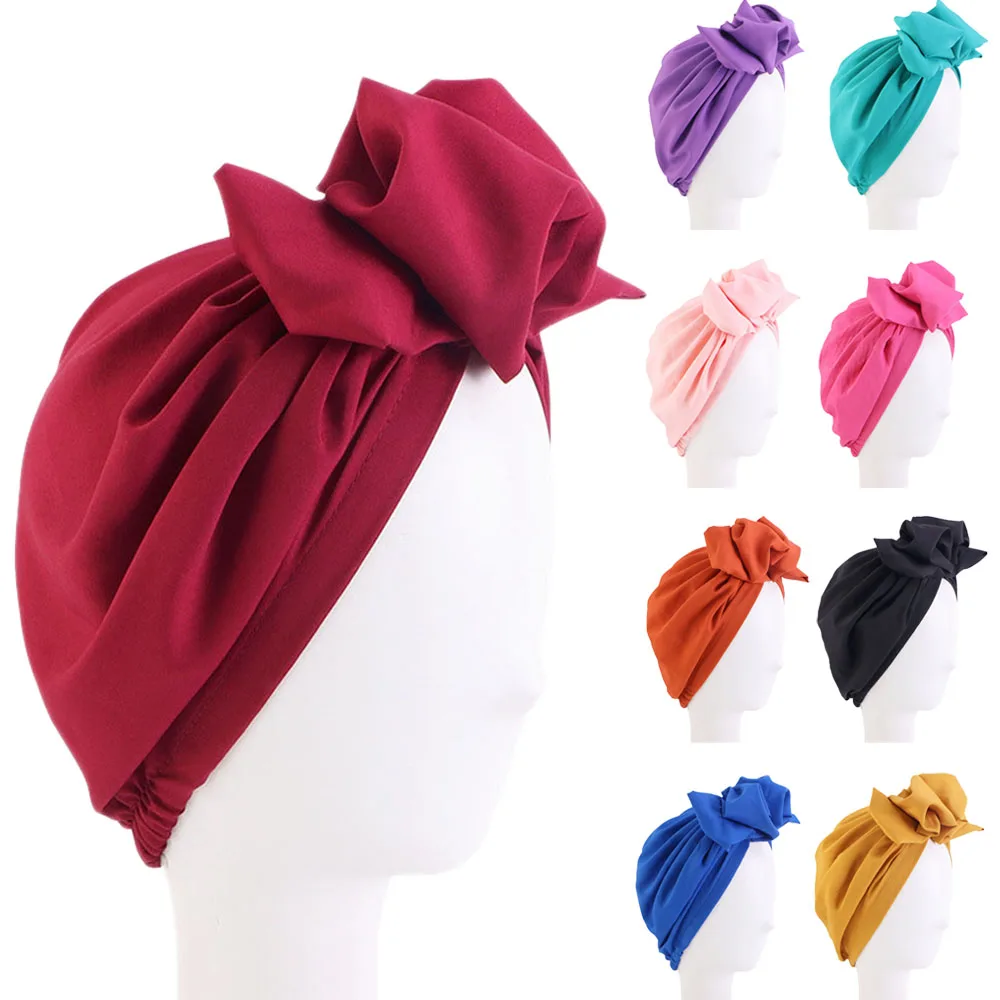 Women Bowknot Turban Elastic Beanies Pleated Chemo Cap Hijab Muslim Headwear Stretch Hair Loss Head Cover Scarf Wrap Bonnet Hat