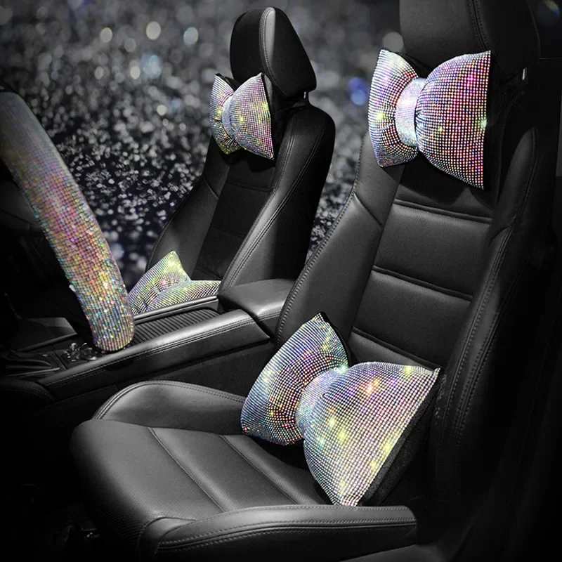 

1PC Diamond Crystal Bowknot Car Neck Pillow Rhinestone Auto Headrest Seat Support Waist Pillows Bling Car Accessories for Women