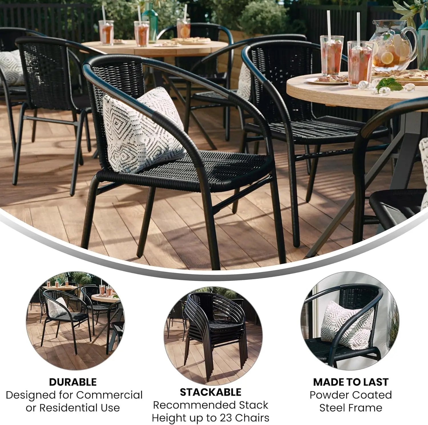 Modern Rattan Dining Chairs. Stackable. For Patio, Restaurant. Set of 2. Black.
