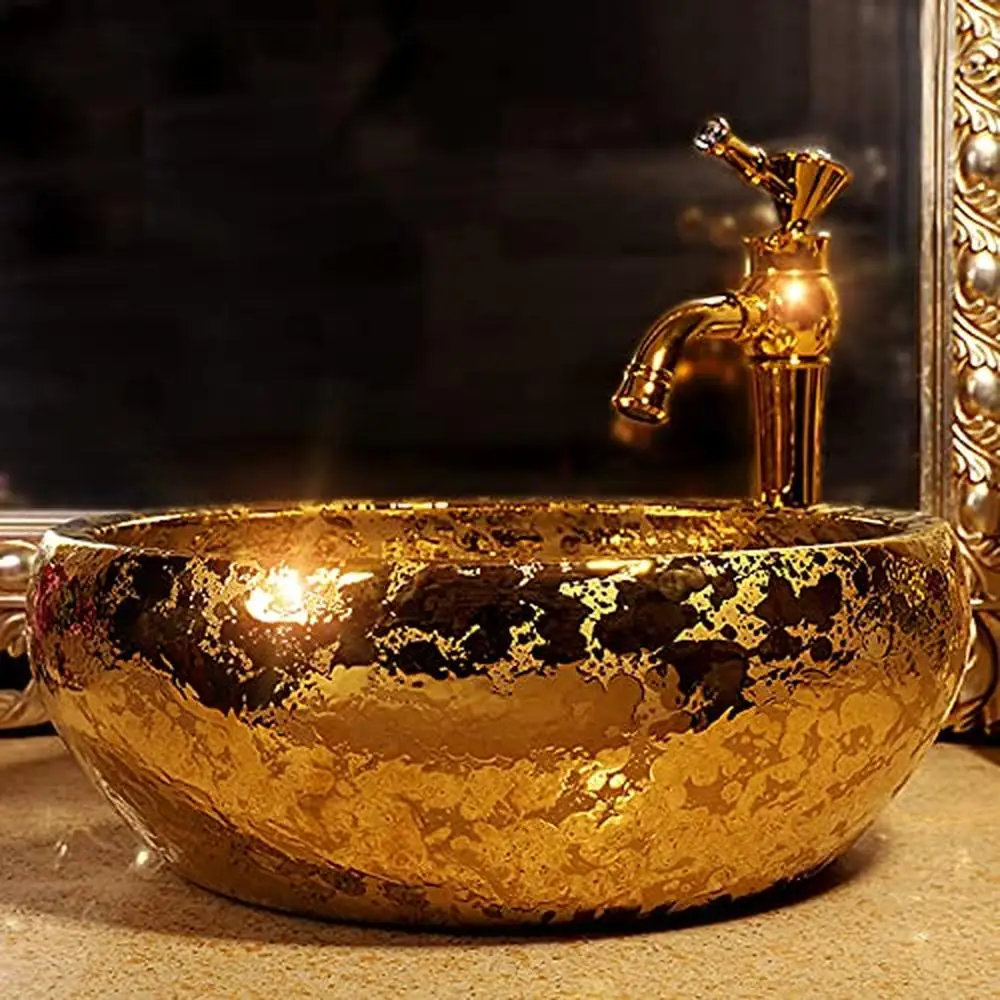 Luxury Gold Glazed Ceramic Vessel Sink Bowl Dia.16.4" Handmade Vintage Traditional Premium Quality Vanity Top Bathroom Restroom 3