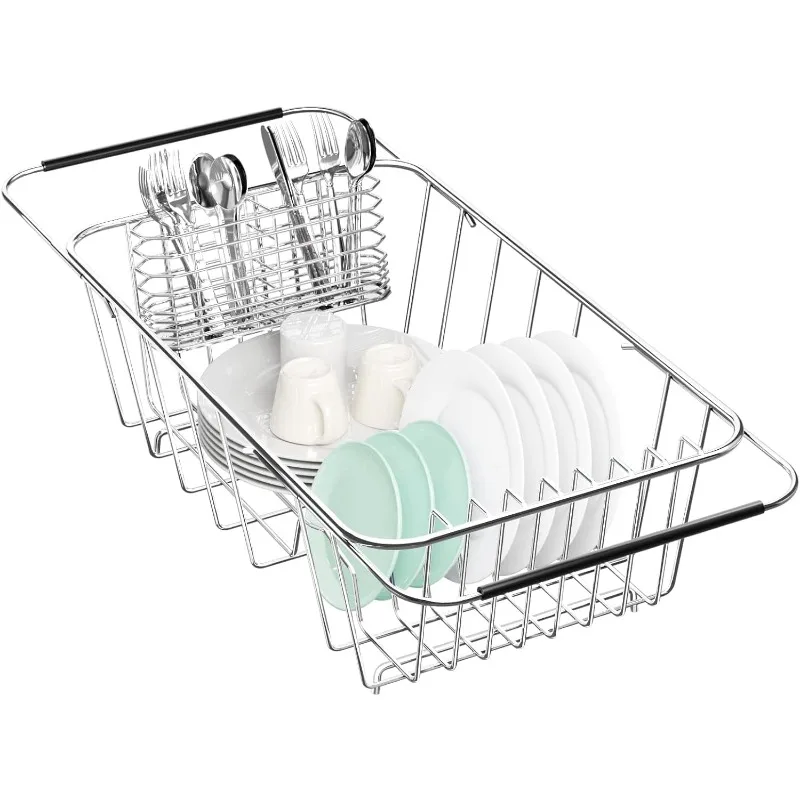 Large Dish Drainer Rack in Sink Adjustable, Expandable 304 Stainless Steel Metal Dish Drying Rack