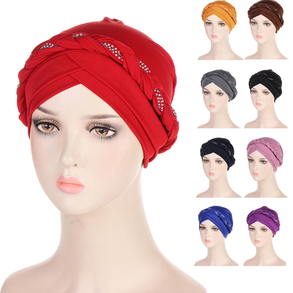 

New Diamonds Turban Women Muslim Inner Hijab Braids Chemo Cap Hair Loss Cover Beanie Head Scarf Wrap Bonnet Hat Islamic Headwear