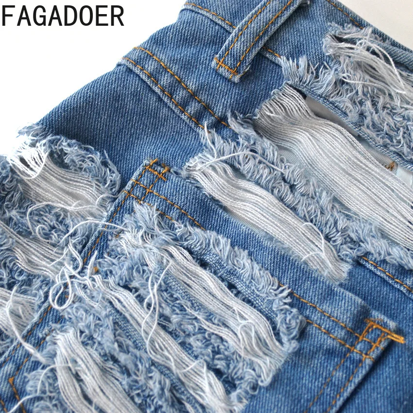 FAGADOER Blue Vintage Fashion Hole Hollow Denim Shorts Women High Waisted Button Skinny Jean Sexy Female Solid Cowboy Bottoms