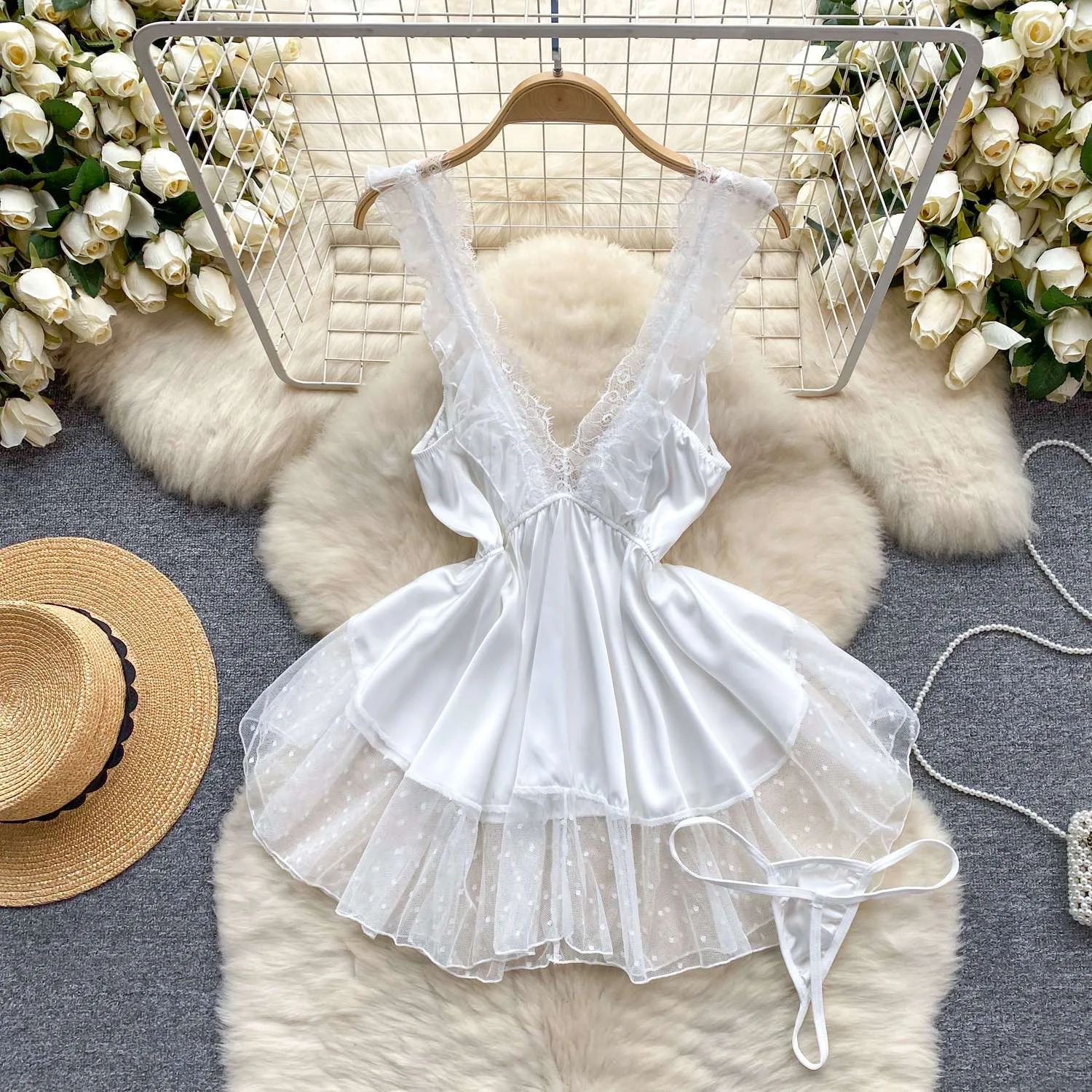 Deep V-Neck Lace Strap Dress Transparent Polka Dot Bow Patchwork Slim Fit Dress Sexy Women's Nightgown Erotic Lingerie Pajama