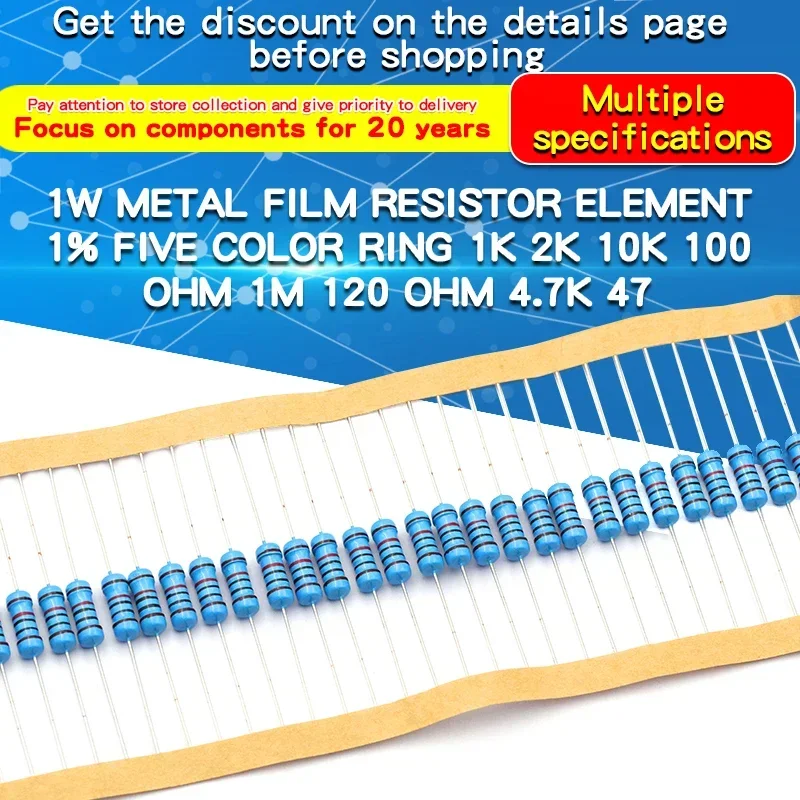 Metal Film Resistors 20PCS 1W 1% 0.24&Omega;~2.2M&Omega; 1 10 47 100 200 220 300 470 910 1k 4.7k 10k 20k 47k 100k 220K 330K 470K 910k 1M ohm