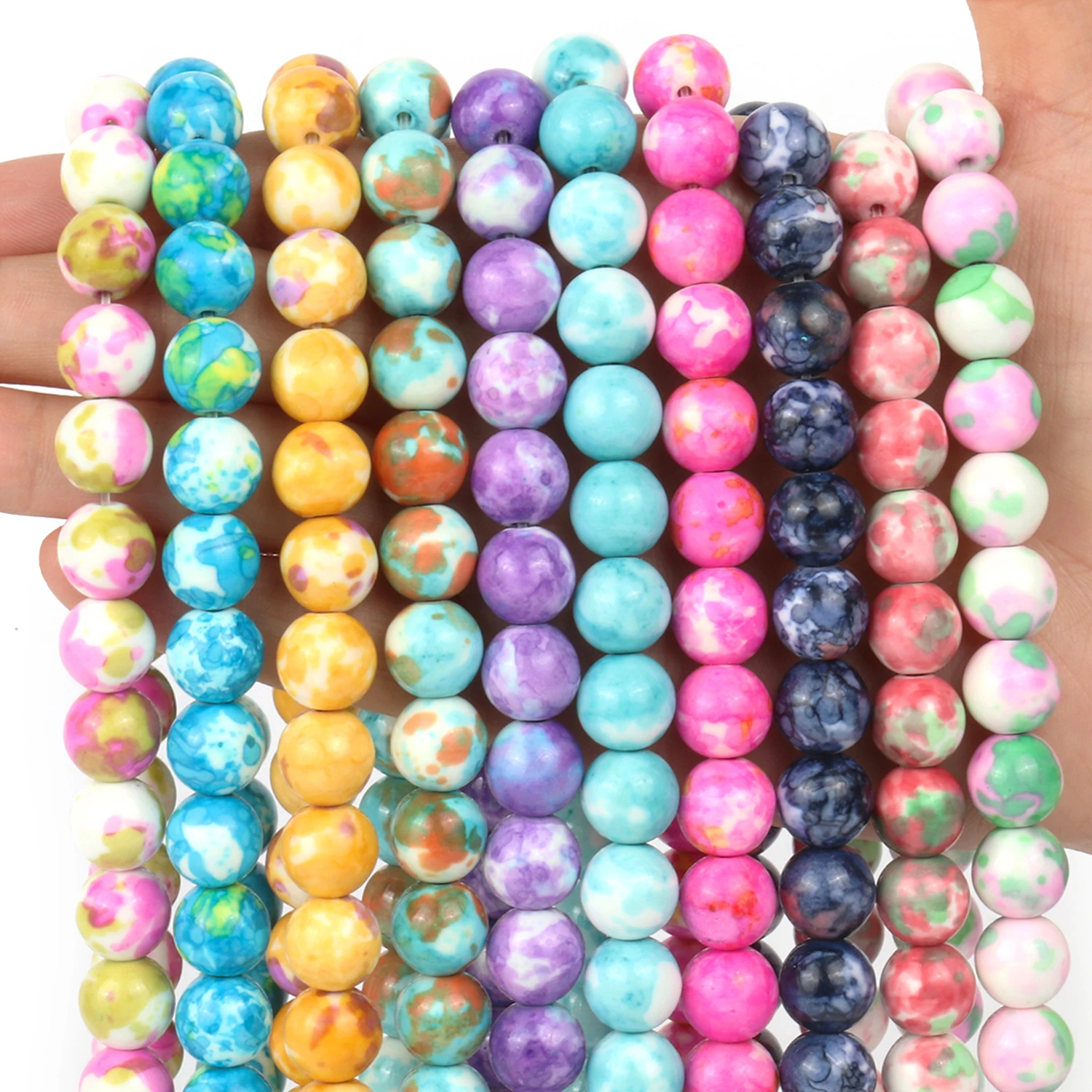 Pink and Green Round Rain Flower Stone Beads, 8mm