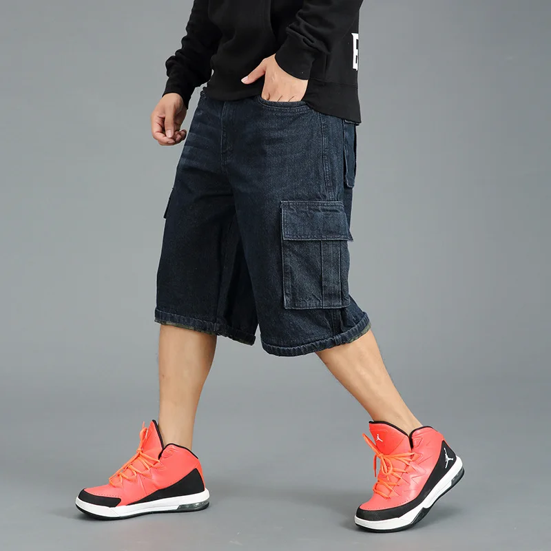 Plus Size Men's Hip-Hop Wide-Leg Jeans Summer Loose Denim Shorts Multi-pocket Baggy Denim Cropped Pants Men