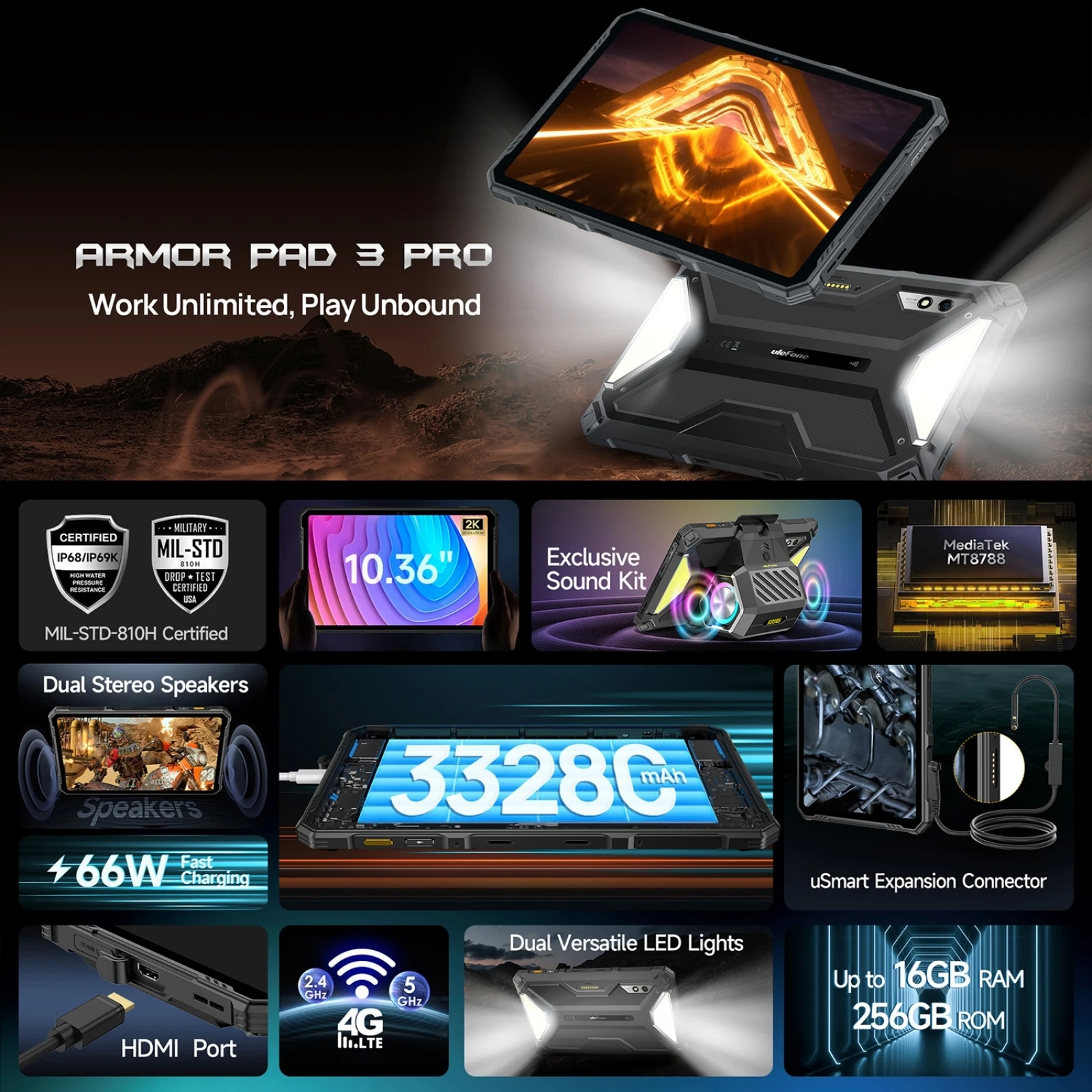Ulefone Armor Pad 3 Pro Rugged Tablet PC 33280mAh 66W MediaTek MT8788 16GB RAM(8+8) 256GB ROM 50MP 10.36" 2K 4G Android 13 NFC