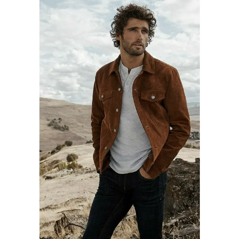 

Мужская коричневая винтажная замшевая кожаная куртка, приталенная джинсовая стильная куртка, модные тренды