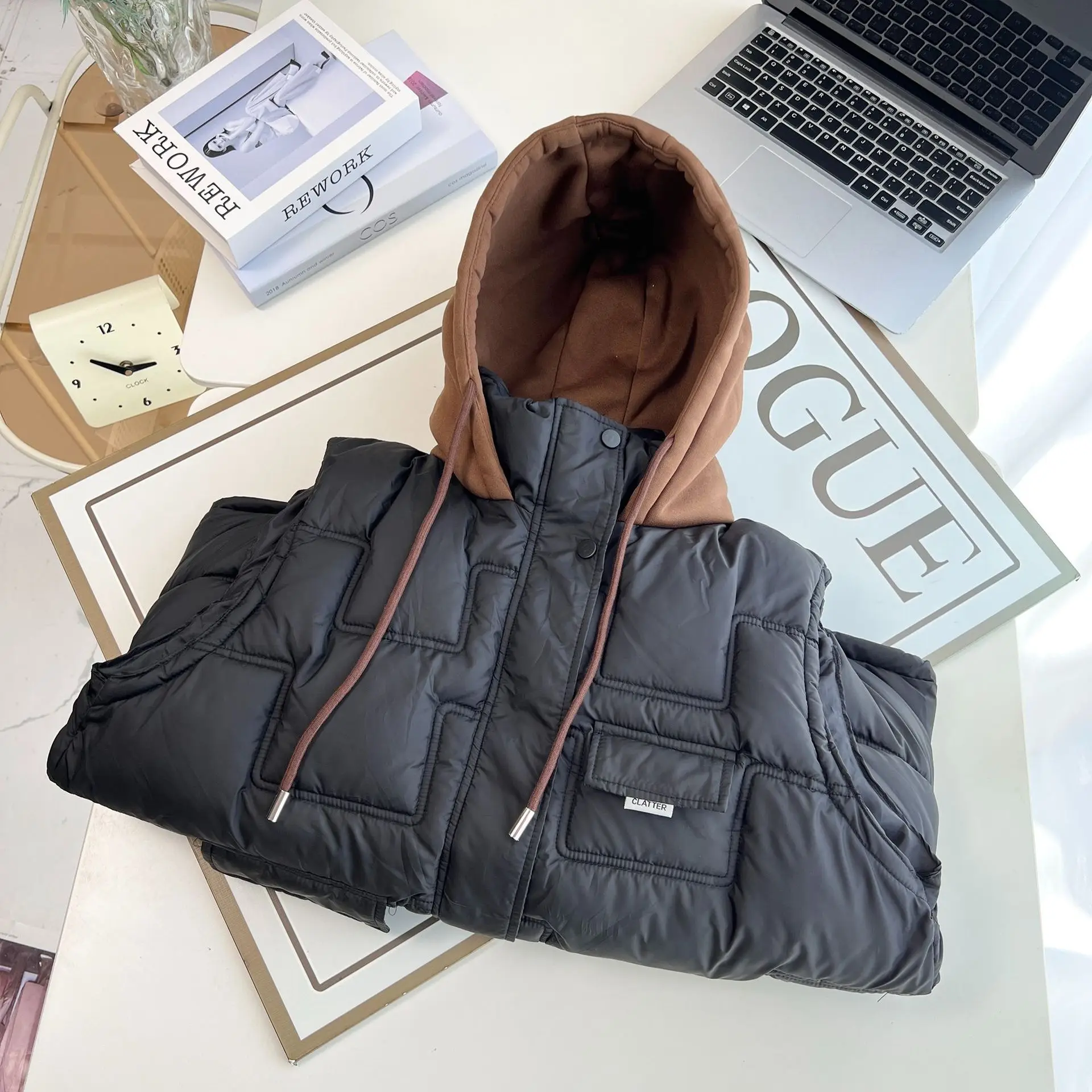 XXXXXL Fashion Plus Size Women's Padded Vest 2025 Winter Korean Style Fake two-piece Hooded Warm Sleeveless Zipper Parka 6875