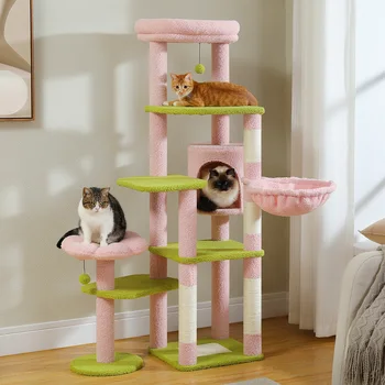 Multi-Level Cat Tree with Scratching Post Hammock Large Perches Hanging Balls Tall Cat Tower for Indoor Spacious Cat Condo House 5