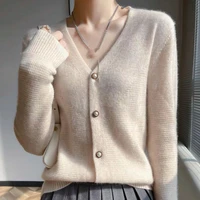 2025 Korean Solid Fashion Autumn Winter Sweaters Women V-neck Single Breasted Slim Cardigans  Lady Versatile Knitwear Short Tops