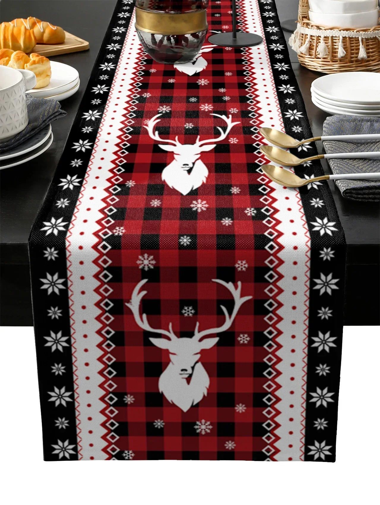 

Christmas Elk Snowflake Plaid Table Runner Wedding Decoration Tablecloth Kitchen Dining Table Cover Home Party Table Decoration