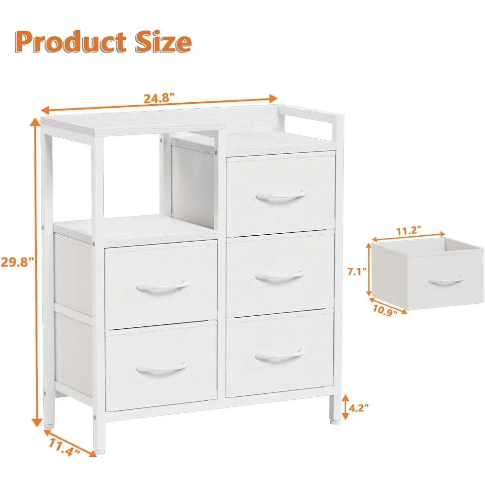 Dresser for Bedroom, Small Nightstand with 2-Tier Open Shelf and 5 Fabric Drawers, Storage Unit Organizer Tower 3