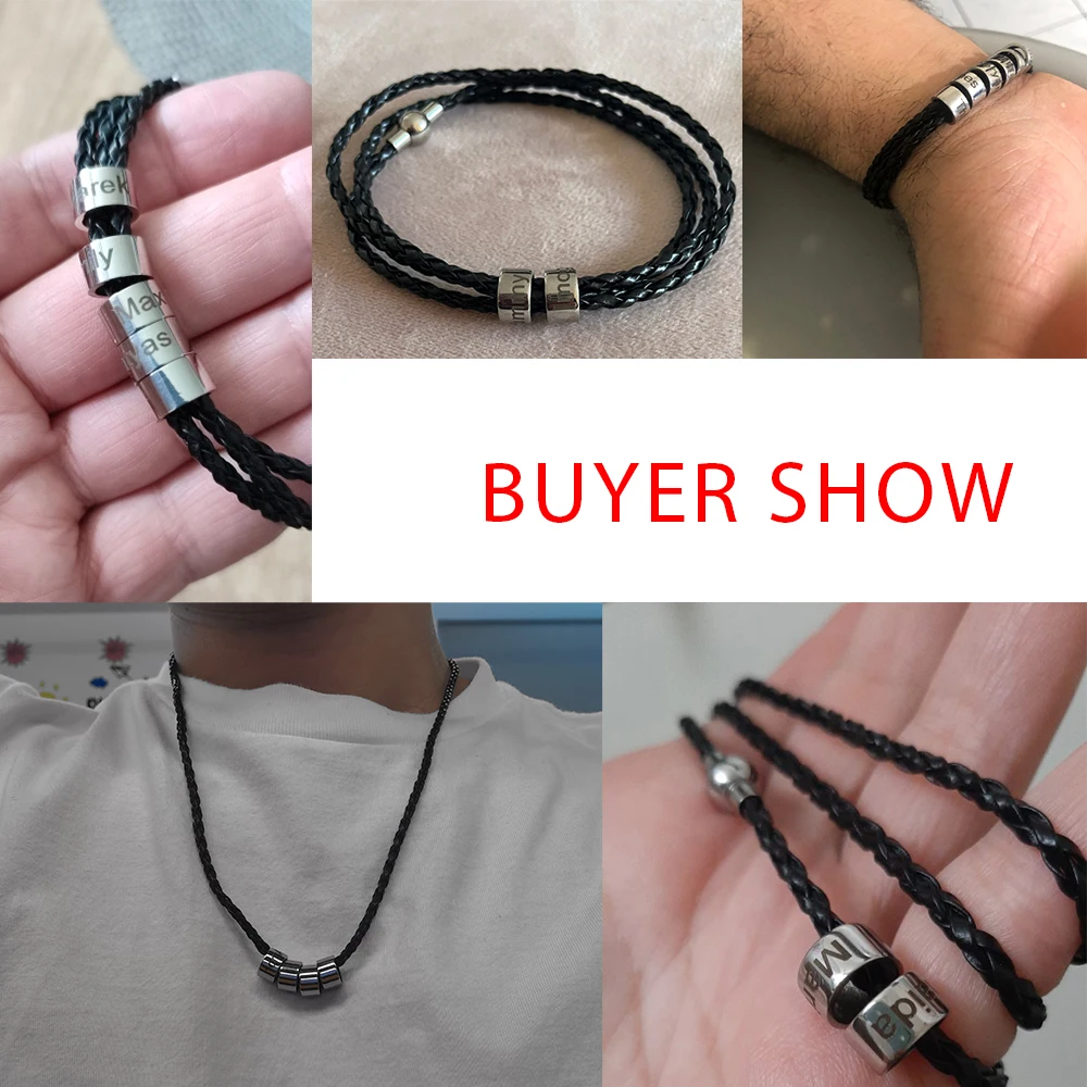 Personalized Men's Leather Bracelet With Engraved Beads - Custom 1-8 Names, Black Braided Leather, Gift For Him